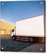 Commercial Delivery Truck With Blank White Trailer On Cargo Parking. Acrylic Print