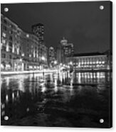 Copley Fairmont Boston Public Library Rainy Nights Black And White Acrylic Print