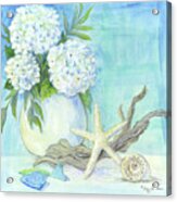 Cottage At The Shore 1 White Hydrangea Bouquet W Driftwood Starfish Sea Glass And Seashell Acrylic Print