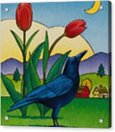 Crow With Red Tulips Acrylic Print