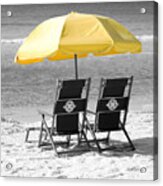 Destin Florida Beach Chairs And Yellow Umbrella Square Format Color Splash Black And White Acrylic Print