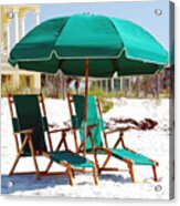 Destin Florida Empty Beach Chair Pair And Green Umbrella Square Format Acrylic Print