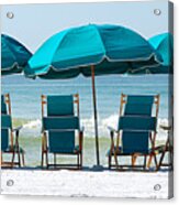 Destin Florida Six Beach Chairs And Three Umbrellas Panoramic Acrylic Print