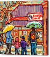 Dunkin Donut Wellington Street Verdun Rainy Day Family Stroll Montreal Painting C Spandau City Scene Acrylic Print