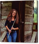Female Flute Player At Log Cabin Acrylic Print