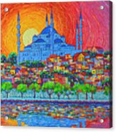 Fiery Sunset Over Blue Mosque Hagia Sophia In Istanbul Turkey Acrylic Print