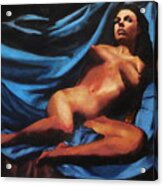 Fine Art Nude Multimedia Painting Tanya Sitting Reclined On Blue Acrylic Print