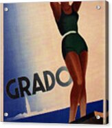 Girl With A Tan In Dark Green Swimsuit Beside The Sea In Grado Italy - Vintage Travel Poster Acrylic Print