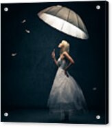 Girl With Umbrella And Falling Feathers Acrylic Print