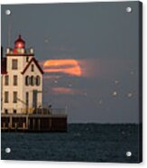 Gulls And Moon By The Lighthouse Acrylic Print