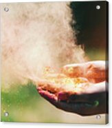 Holi Powder Held In Woman's Hand And A Cloud Of Dust Acrylic Print