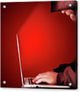 Hooded Computer Hacker Red Background Acrylic Print