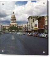 In This Historical 1950 Photo, Cars Line Up And Down Congress Avenue In Downtown Austin, Texas Acrylic Print