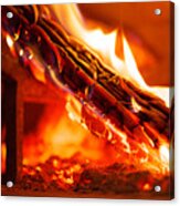 Interior Of Wood Fired Brick Oven With Burning Log Acrylic Print