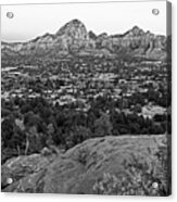 Looking Down On Sedona From Airport Mesa Sunrise 2 Black And White Acrylic Print