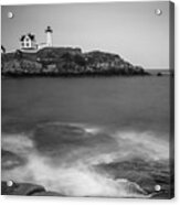 Maine Nubble Lighthouse And Rocky Shores In Bw Acrylic Print
