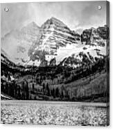 Maroon Bells Cloudy Mountain Landscape - Black And White Wall Art Acrylic Print