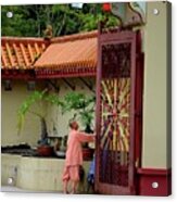Monk Opens Main Gate And Readies Sam Poh Chinese Buddhist Temple Cameron Highlands Malaysia Acrylic Print
