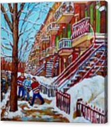 Montreal Art Winter Staircase Scenes Hockey Art Painting For Sale C Spandau Canadian Street Scenes Acrylic Print