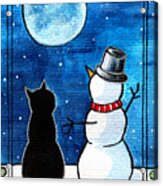 Moon Watching With Snowman - Christmas Cat Acrylic Print