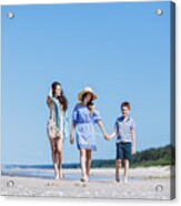 Mother And Her Two Children Walking On The Beach Acrylic Print