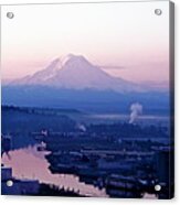 Mount Rainier Dawn Above Port Of Tacoma Acrylic Print