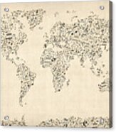 Music Notes Map Of The World Map Acrylic Print