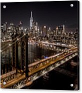 New York City, Manhattan Bridge At Night Acrylic Print