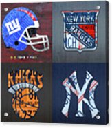 New York Sports Team License Plate Art Giants Rangers Knicks Yankees Acrylic Print