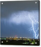 Northeast Colorado Lightning Strike And City Lights Acrylic Print