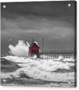 November Storm  With Flying Gull By The Grand Haven Lighthouse Acrylic Print
