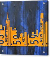 Nyc New York City Skyline With Lady Liberty And Freedom Tower Recycled License Plate Art Acrylic Print