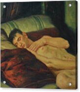 Oil Painting  Male Nude Sleeping On Bed On Linenr#16-7-16 Acrylic Print