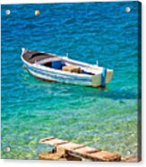 Old Wooden Fishermen Boat On Turquoise Beach Acrylic Print