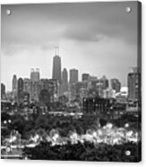 Ominous Skies Over Chicago City Skyline - Bw Acrylic Print