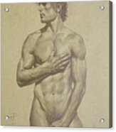 Original Artwork Drawing Sketch Male Nude Man On Brown Paper#16-6-16-03 Acrylic Print
