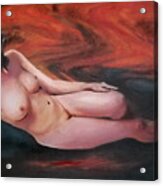 Original Fine Art Female Nude Reclining Background Swirls Of Orange Acrylic Print