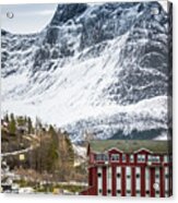 Ornes Snow Peaks Over Dock Norway Acrylic Print