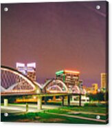 Panorama Of The Seventh Street Bridge And Downtown Fort Worth With Full Moon Above - Trinity River Acrylic Print