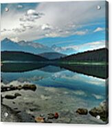 Patricia Lake Reflection With Red Canoe Acrylic Print
