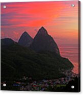 Pitons At Sunset- St Lucia Acrylic Print