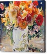 Poppies, Clematis, And Daffodils In Porcelain Vase. Acrylic Print