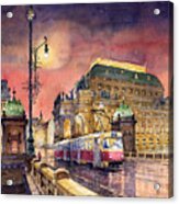 Prague  Night Tram National Theatre Acrylic Print