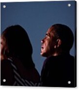 President Barack Obama And First Lady Michelle Obama Watch From The White House Roof As Fireworks Acrylic Print