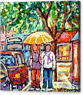 Rainy Verdun Streets Painting Yellow Umbrella Walking By Shops Canadian Artist Carole Spandau Quebec Acrylic Print