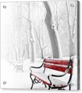 Red Bench In The Snow Acrylic Print