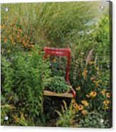 Red Chair In Garden Acrylic Print