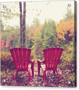 Red Chairs By The Lake Acrylic Print