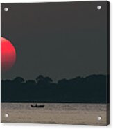 Red Sun At Sunset At Sea With Fishing Boat Acrylic Print