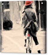 Riding My Bicycle In A Red Hat Acrylic Print